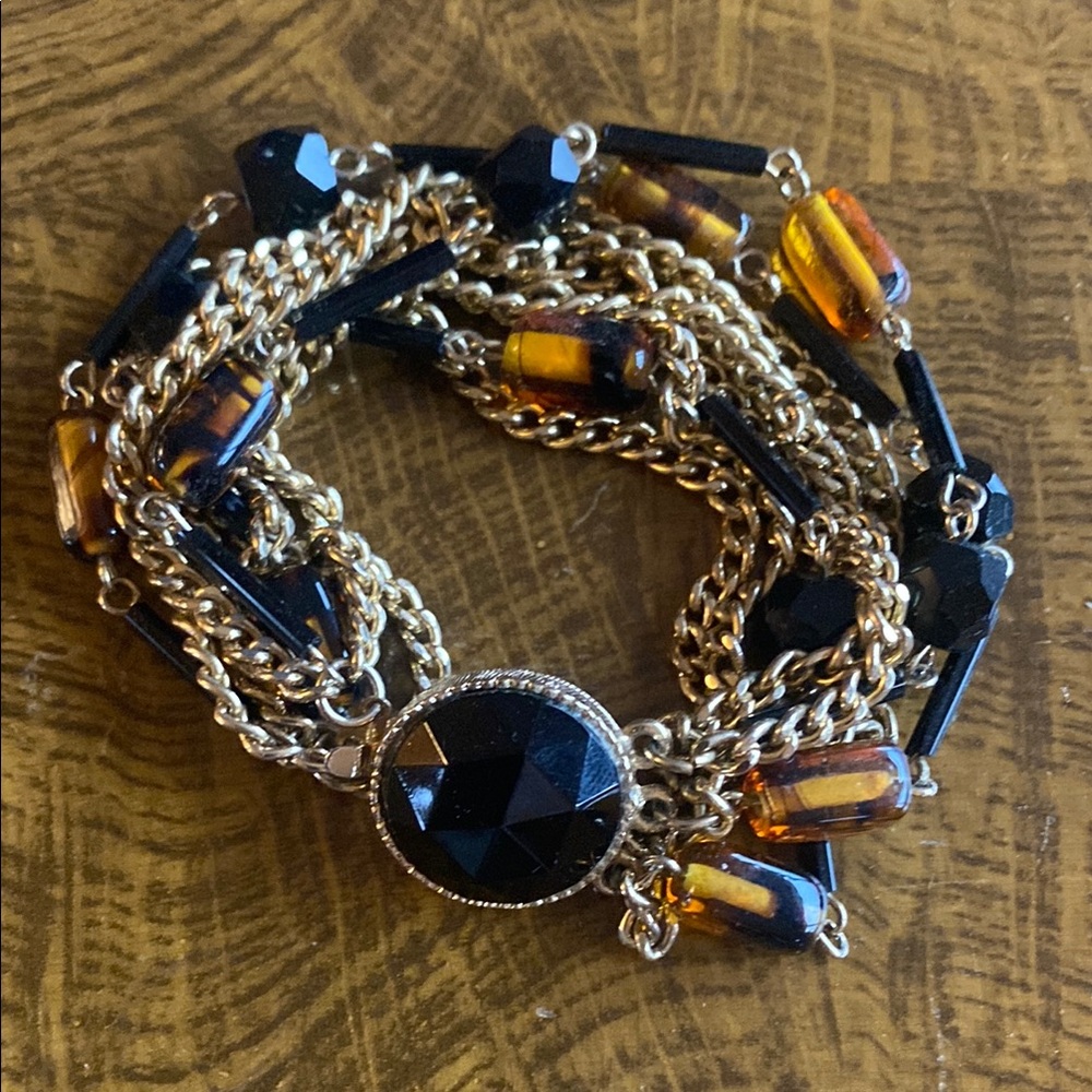 Black, Amber and Gold Multi-Strand Bracelet with Centerpiece Clasp vintage